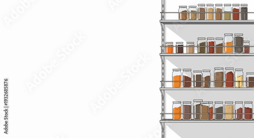 Organized pantry shelves showcase glass jars with diverse aromatic spices, dry ingredients. Kitchen pantry shelves hold culinary powders, herbs, and essentials.