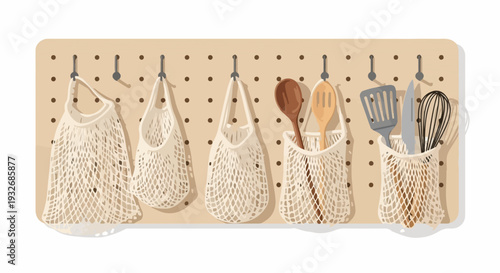 Kitchen organization pegboard displays hanging mesh bags, wooden, metal utensils. Practical kitchen organization solution offers efficient storage for cooking tools, reusable items.