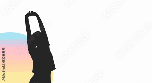 Black stretching silhouette with arms raised, symbolizing awakening and movement against gentle pastel gradient background. Dynamic stretching silhouette body posture conveys relaxation and energy.