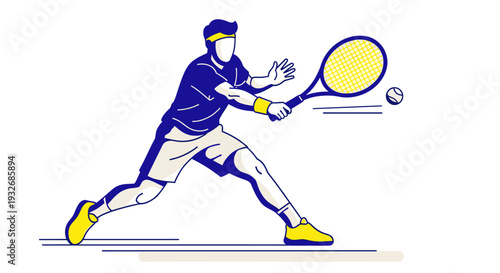 Stylized illustration of a tennis player in action, hitting a tennis ball with a racket on the court, showcasing athleticism and the energy of the game, with a clean and modern aesthetic.
