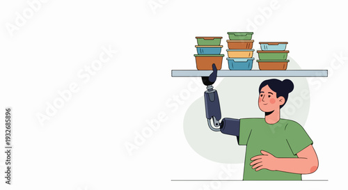 Woman with prosthetic arm reaching for food containers on kitchen shelf. Prosthetic arm assists with daily domestic tasks, demonstrating independence, adaptability, and modern technological aid.