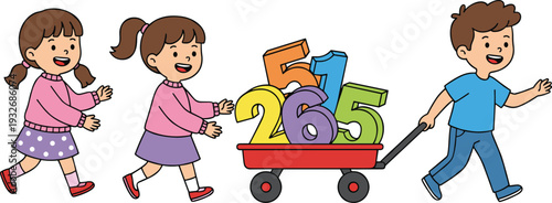 Minimal hand-drawn vector illustration of children walking together with wagon carrying colorful numbers in clean line art style