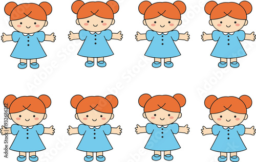 Minimal hand-drawn vector illustration of smiling girl character with red hair styled in buns wearing dress and shoes in clean line art style