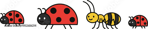 Minimal hand-drawn vector illustration of ladybugs and bee arranged in playful composition with clean outline line art style