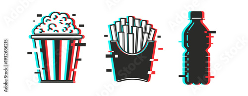 Snack icons depicting popcorn, fries and beverage on white. Glitch effect