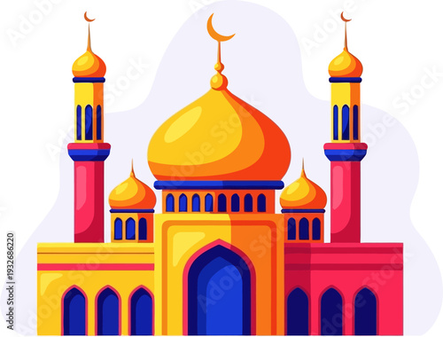 Majestic and colorful mosque architecture with golden domes and tall minarets standing against a soft sky