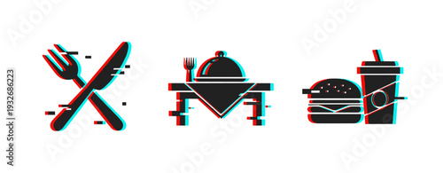 Food icons displayed with glitch effect on white background. Glitch effect
