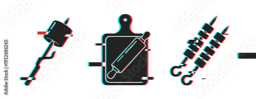 Marshmallow roasting dough rolling and skewer grilling icons. Glitch effect