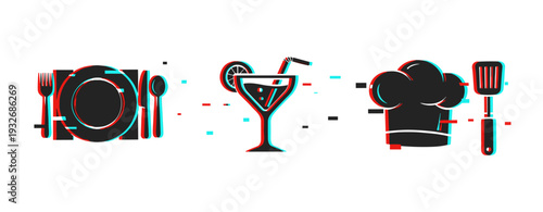 Food service icons showing tableware cocktail chef tools on white background. Glitch effect