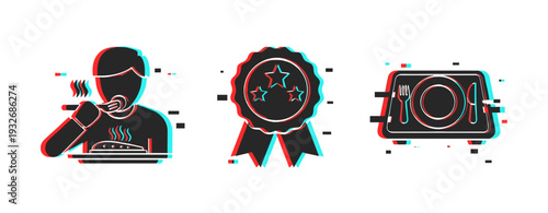 Person eating, award ribbon and meal tray icons on white background. Glitch effect