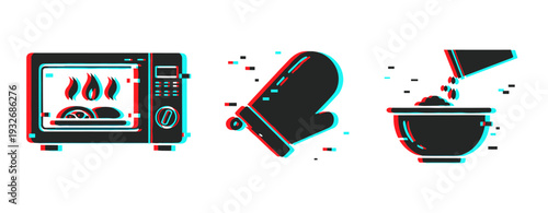 Microwave oven mitt pouring bowl icons with glitch effect on white background. Glitch effect