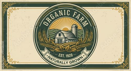 Organic Farm Logo Depicting Barn, Silo, and Wheat with Naturally Grown Text.