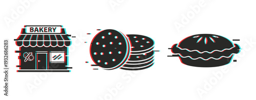 Bakery storefront with cookies stack and baked pie display. Glitch effect