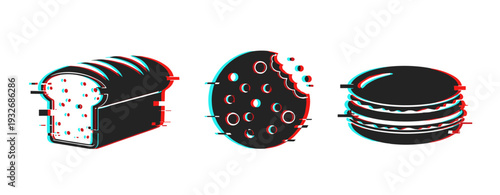 Bread loaf cookie and sandwich icons with glitch effect. Glitch effect