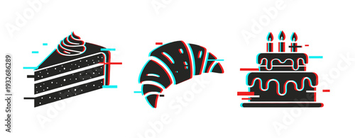 Pastry and cake icons representing baked goods on white background. Glitch effect