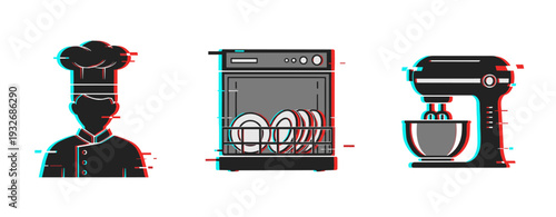 Chef dishwasher and mixer icons representing kitchen tasks on white. Glitch effect