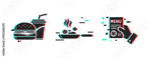 Fast food icons shown with glitch effect on white background. Glitch effect