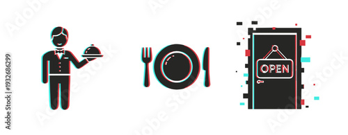 Waiter serving food with plate and cutlery near open door. Glitch effect