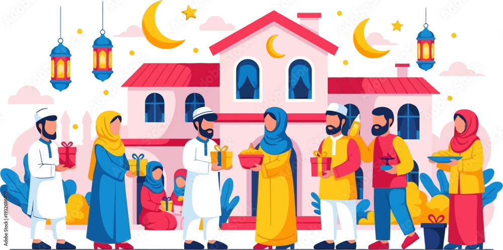 Naklejka premium Neighborhood community exchanging eid gifts in front of a traditional house in a wide angle vector scene