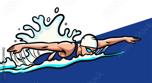 A stylized illustration of a swimmer wearing a cap and goggles, powerfully crawling through blue water, generating splashes, suggesting athletic prowess and healthy lifestyle.