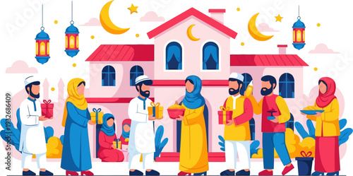 Neighborhood community exchanging eid gifts in front of a traditional house in a wide angle vector scene