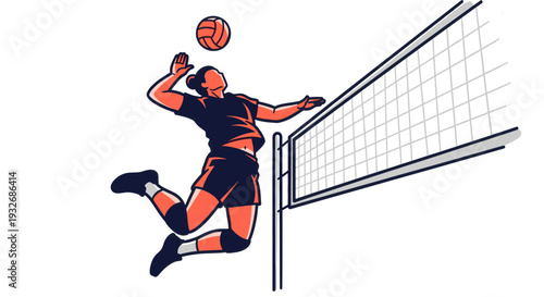 Cartoon style illustration of a female volleyball player spiking the ball over the net, with a retro color palette. Use for sports, athletics, or graphic design projects.