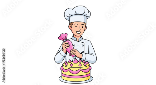 A cartoon chef decorating a multi-layered cake with frosting and candies in a kitchen environment