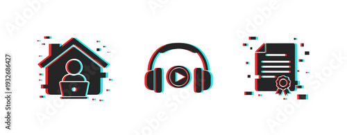 Home office headphones and certificate remote work icons. Glitch effect