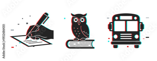 Hand writing owl on book and school bus shown as icons. Glitch effect