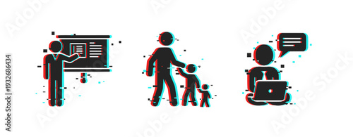 Teacher presenting, parent walking child, person messaging indoors. Glitch effect