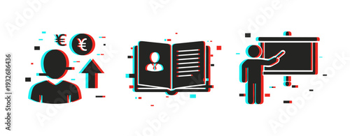 Business person discussing finance and training in office. Glitch effect