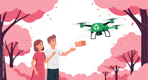 Couple standing together in a serene park, man operating a green drone amidst pink blossoming trees