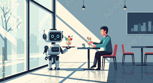 Robot interacting with human in modern office setting, vector illustration