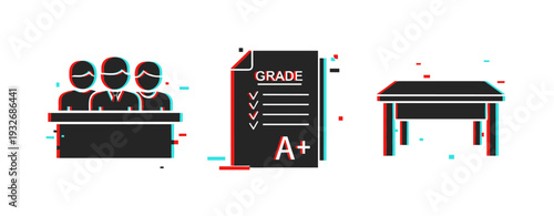 Panel grade report and desk icons related to education setting. Glitch effect