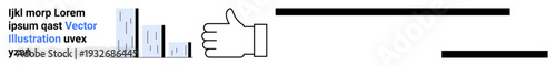 Data analysis, positive feedback, business growth, communication, approval system, and presentation design. Thumbs-up graphic, horizontal bars and placeholder text. Positive feedback and data
