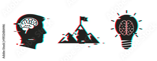 Human profile with brain and mountain peak achievement icons. Glitch effect