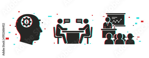 Head interview and presentation icons on white background. Glitch effect