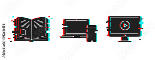 Education icons depicting book digital devices and video on white. Glitch effect