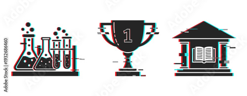 Education and science icons showing lab trophy and school symbol on white. Glitch effect