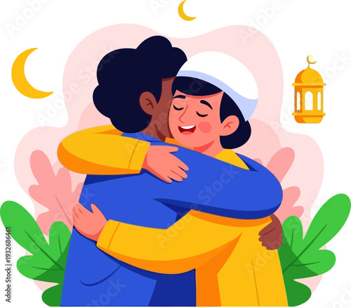 Peaceful embrace between two men in traditional attire symbolizing brotherhood and forgiveness during a religious festival