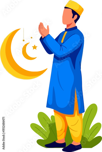 Pious man in blue prayer tunic offering supplication under a glowing crescent moon in a tranquil garden setting