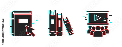 Book and learning icons representing education and presentation scene. Glitch effect