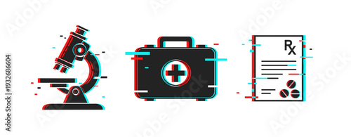 Microscope and medical kit displayed with prescription sheet. Glitch effect