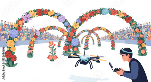 Man controls drone amidst vibrant floral arches in a festive celebration, viewed from the side.