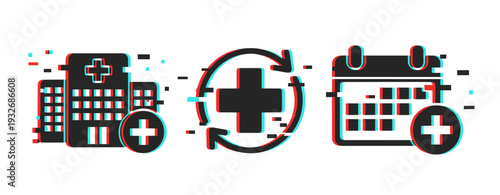 Medical facility scheduling and services in healthcare icon set. Glitch effect