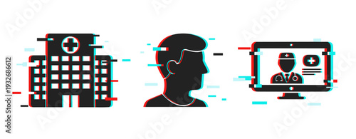 Healthcare icons showing hospital, patient profile, and telemedicine. Glitch effect