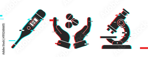Medical instruments measuring and handling samples in icons. Glitch effect