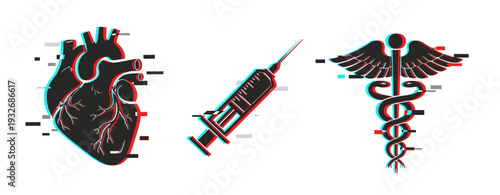 Heart syringe caduceus representing medical care vaccination icon set. Glitch effect