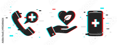 Health icons indicating phone help care and mobile support on white background. Glitch effect