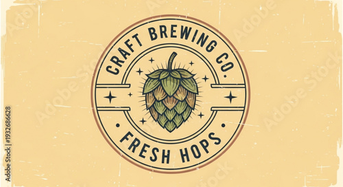 Craft Brewing Company Logo Featuring Fresh Hops, Vintage Design, and Circular Emblem.